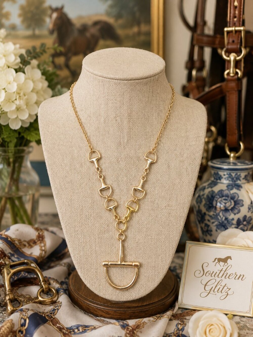 Gold Equestrian Horse Bit Necklace, Stirrup Pendant Statement Necklace, Horse Lo